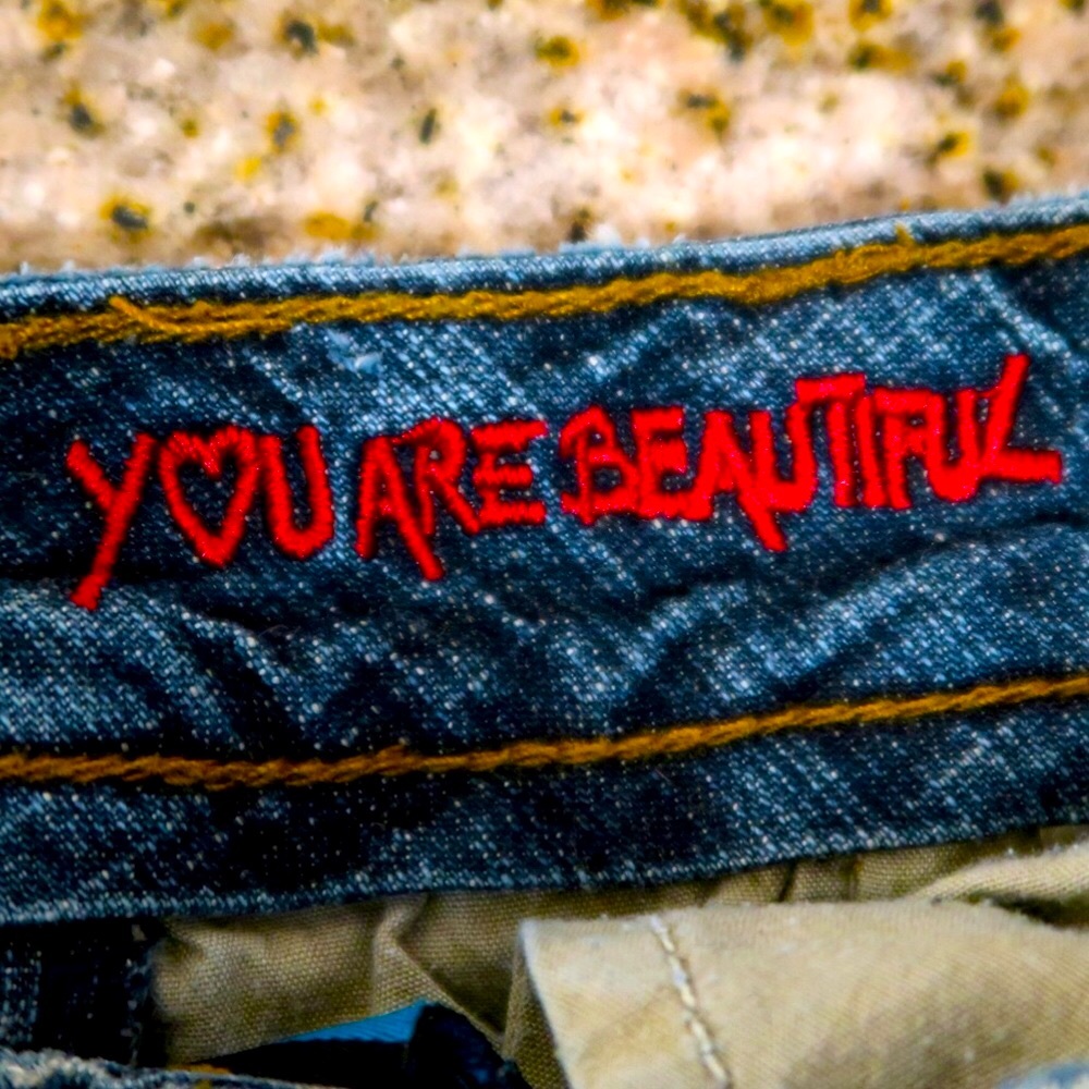 Y2K Dollhouse “You are beautiful” Denim Jeans Size 1/2 Mid-Rise Flared